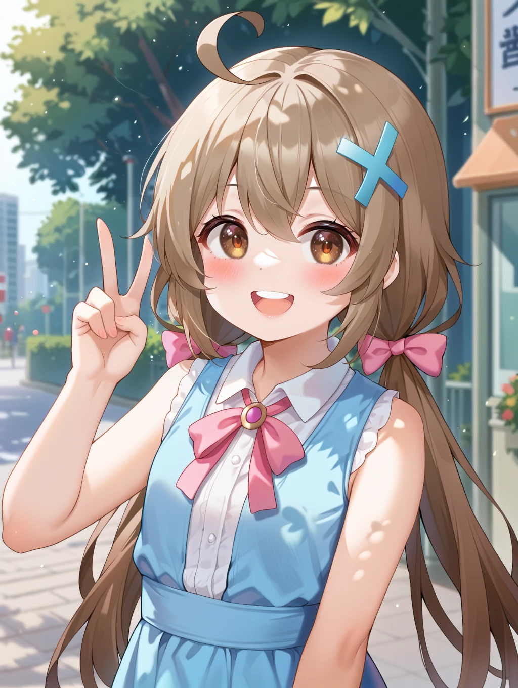 1girl, 
solo, depth of field, neck ribbon, x hair ornament, dress, collared shirt, heart, bow, hair between eyes, black ribbon, light particles, hair ornament, ribbon, upper teeth only, long hair, sleeveless dress, teeth, brown eyes, looking at viewer, blurry, smile, open mouth, hand up, blush, ahoge, :d, white shirt, blue dress, brown hair, pink bow, blurry background, sleeveless, low twintails, shirt, twintails, very long hair,
A young girl with long brown hair and a big smile on her face. the girl has two pink bows on either side of her head and is holding up a peace sign with her right hand. the background is blurred, but it appears to be an outdoor setting with trees and buildings. the overall mood of the image is cheerful and playful.
score_9, score_8_up, score_7_up, source_anime
 <lora:style016:0.8>