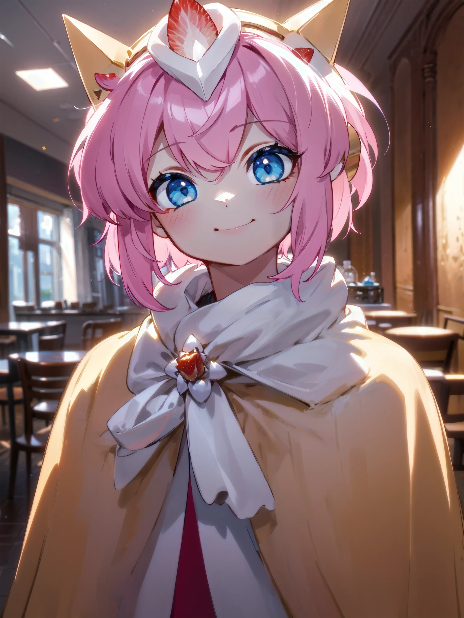 <lora:StrawCrepe5:0.75> SBCC, androgynous, short hair, fur-trimmed capelet, gold headgear, strawberry hair ornament BREAK, white shirt, volumetric lighting, solo, <lora:GoodHands-vanilla:1>, smile, teeth, blush, upper body, cafe, indoors, table, close-up, best quality, masterpiece, high quality, highres,