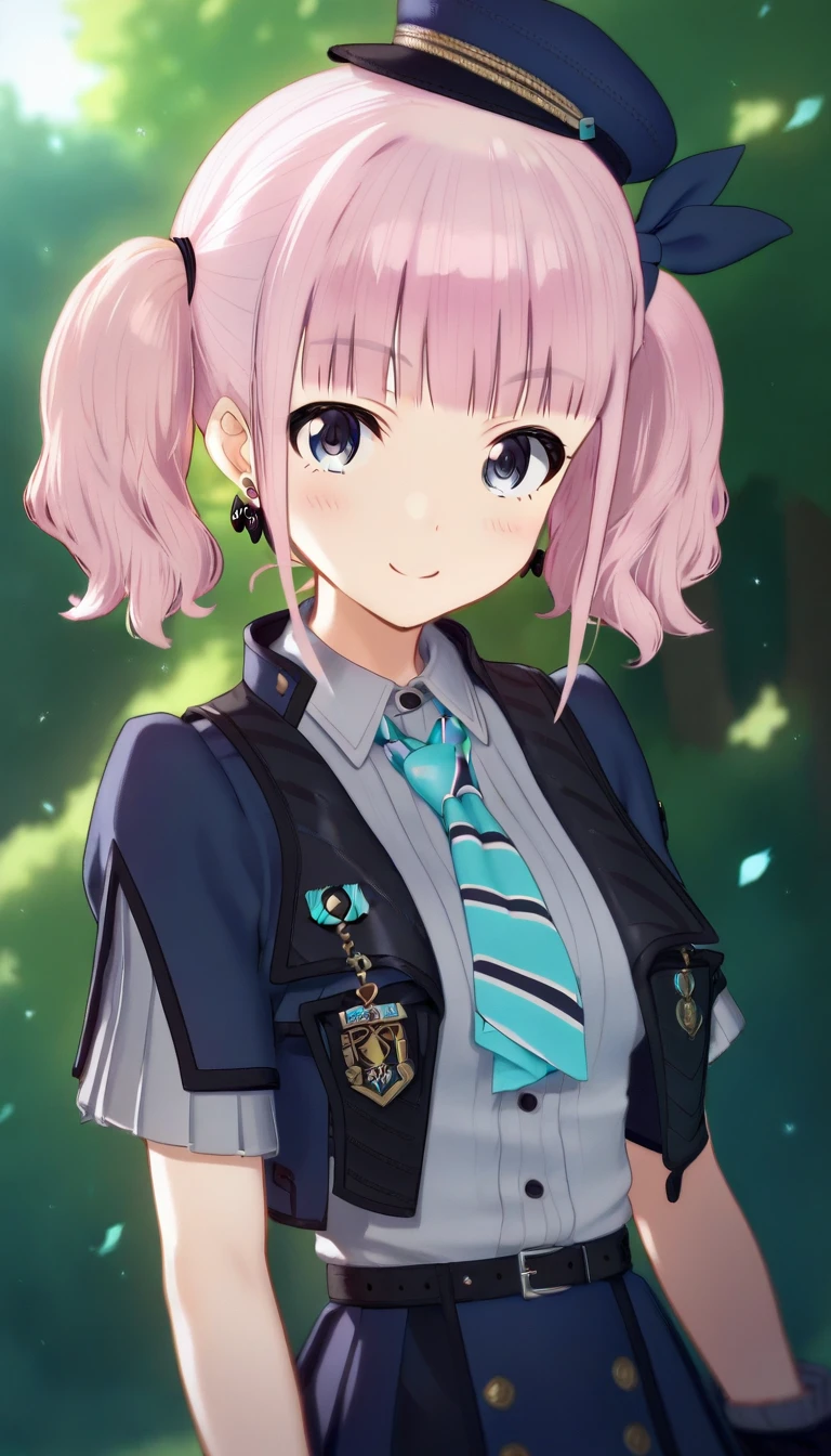 score_9,score_8_up,score_7_up,score_6_up BREAK official art,solo,outdoors,upper body,(portrait:1.5),looking at viewer,facing viewer,smile,blush,Hina,mini hat,blue headwear,medium hair,pink hair,short twintails,hair ribbon,blue ribbon,earrings,sidelocks,blunt bangs,grey eyes,blue jacket,cropped jacket,aqua necktie,striped necktie,short necktie,grey shirt,collared shirt,short sleeves,wristband,shirt tucked in,black belt,belt buckle,blue skirt,pleated skirt,frills,white socks,loafers,<lora:Hina(gbc)-Pony:1.5>,