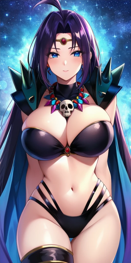 <lora:NagaV3:0.7> gracia_ul_naga_saillune, huge_breasts, standing, solo, arms_behind_back, circlet, starry_sky,  black_strapless_bra, black_multi-strapped_panties, shoulder_armor_spikes, black_turtleneck_collared_shrug, cape, thighlet, black_gloves, skull_necklace, masterpiece, best_quality, detailed_face, detailed_eyes, highres, beautiful, detailed, absurdres,