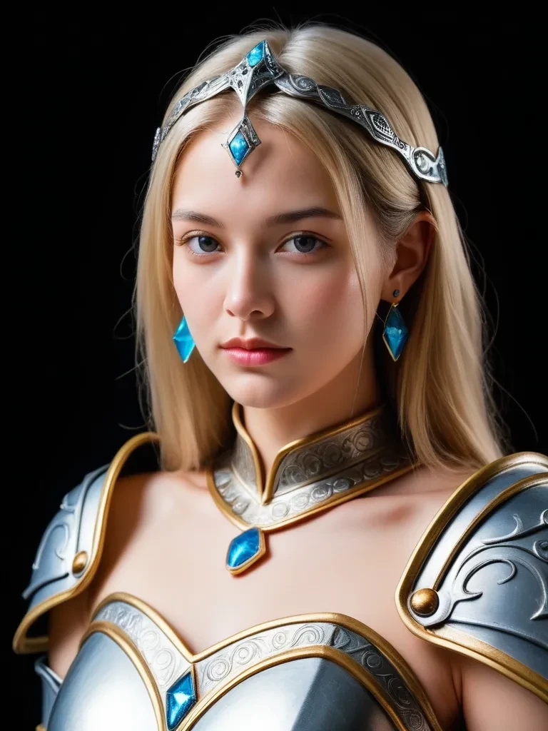 Hyperrealistic, realistic, real skin, real eyes, cutie, teen,  
1girl, solo, armor, long hair, earrings, looking at viewer, jewelry, shoulder armor, upper body, grey eyes, breastplate, pauldrons, closed mouth, headpiece, lips, breasts, blonde hair, gem, gr...