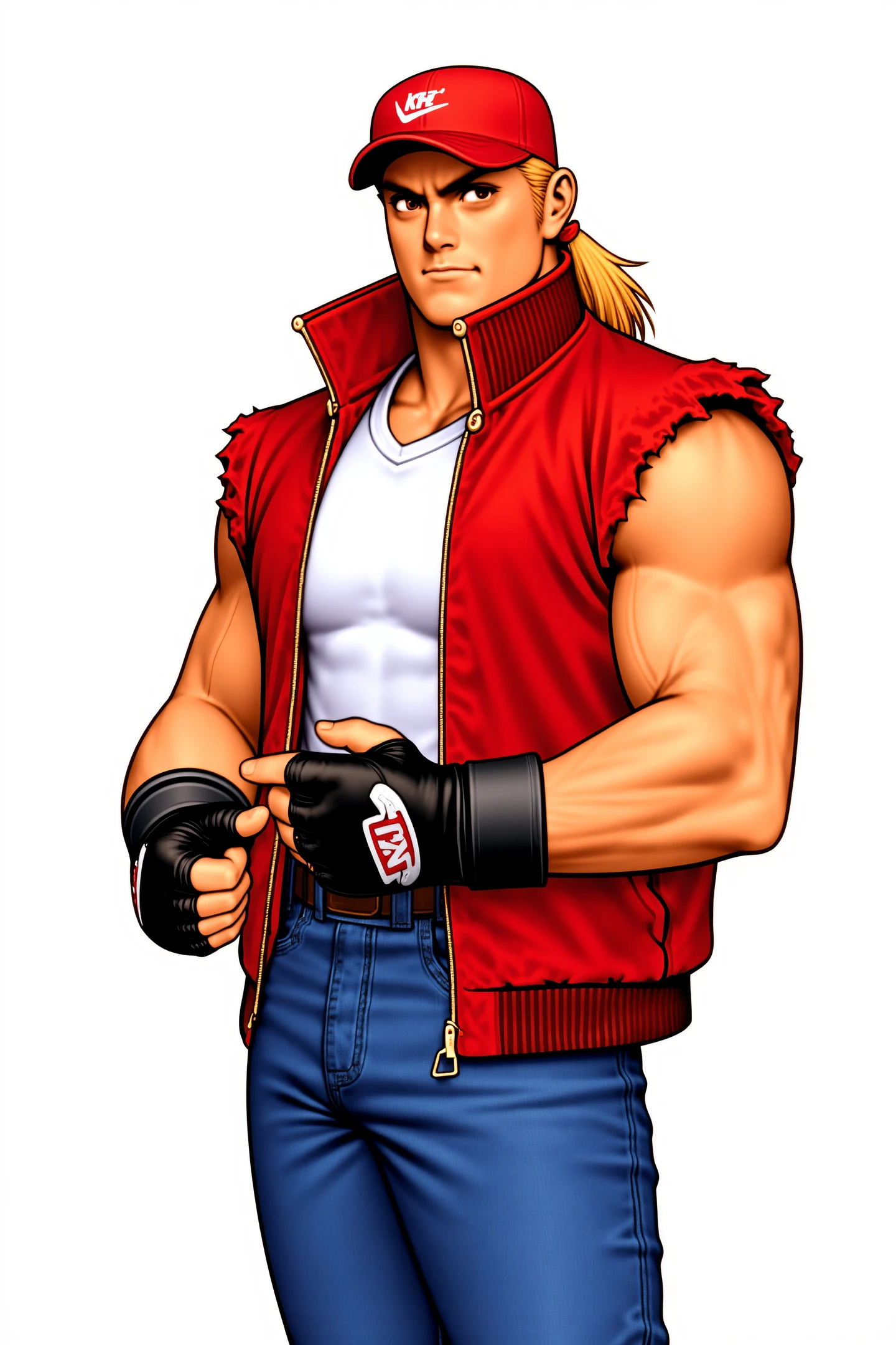 Terry Bogard,1boy,male focus,solo,muscular,gloves,red hat,fingerless gloves,blonde hair,baseball cap,ponytail,jeans,long hair,belt,vest,muscular male,jacket,sleeveless,shirt,black gloves,looking at viewer,biceps,sleeveless jacket,closed mouth,open clothes,red jacket,
<lora:shinkiro_FLUX:1>,