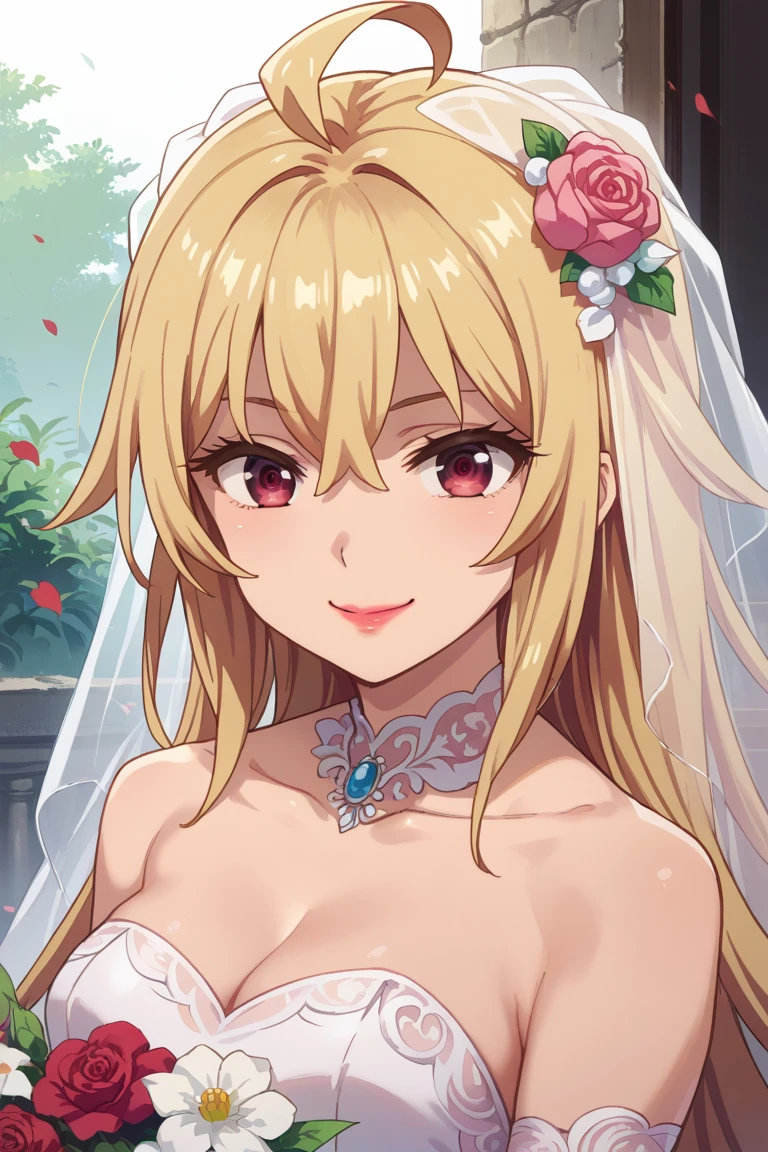 score_9,score_8_up,score_7_up,source_anime,BREAK
1girl, solo,
Shikishima Mirei, red eyes, blonde hair, lipstick, ahoge,
wedding dress, pink dress, smile