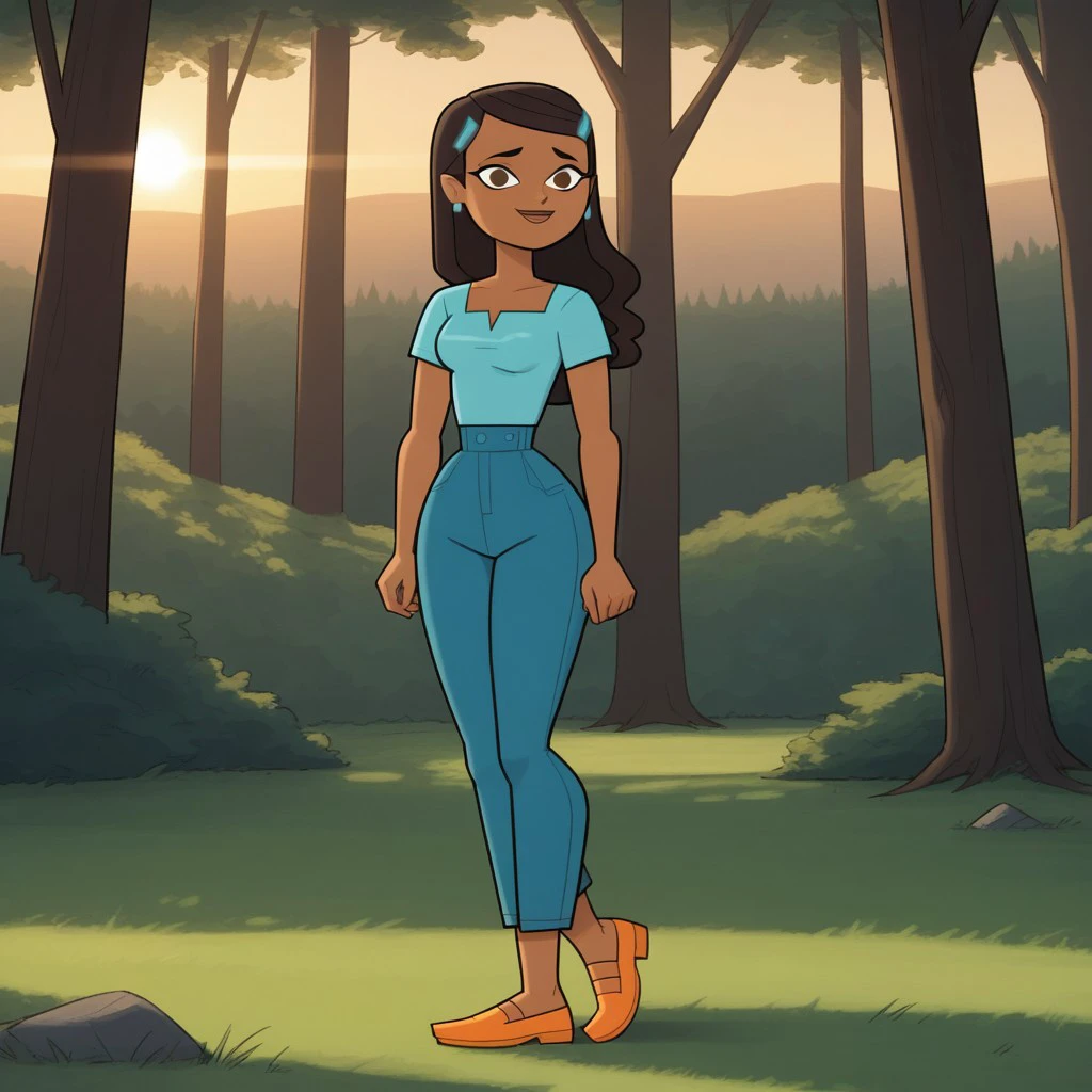 score_9, score_8, BREAK, solo, cyan shirt, 1girl, jeans, dark brown hair, hair buckle, long hair, earrings, dark skin, brown eyes, orange footwear, lips, breasts, total drama, Priya_(Total_Drama), sexy pose, smile, outdoors, sunlight, shadows, evening lighting, natural lighting, forest, trees, grass, orange sky, sunset