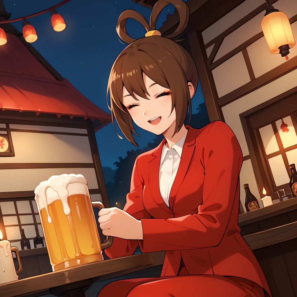 score_9, score_8_up, score_7_up, 1girl, solo, uncensored, otohimemai, sitting, upper body, dutch angle, holding beer mug, closed eyes, open mouth, smile, brown hair, hair rings, red jacket, white shirt, red pants, outdoors, bar, night, candles, table,<lora:MaiOtohimeXL_v1.0:1>
