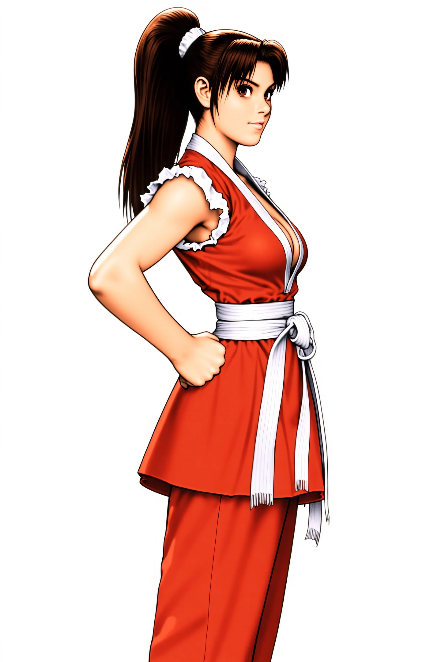 shiranui mai,a young woman with a confident and determined expression. She has fair skin and dark brown hair styled in a high ponytail,secured with a white hair tie. Her hair is thick and slightly tousled,giving a dynamic appearance. She is dressed in a traditional martial arts outfit,predominantly red with white accents. The outfit includes a deep V-necked top that exposes a significant portion of her cleavage,and a white sash tied around her waist. Her physique is athletic,with a slender yet muscular build. She stands with one hand on her hip,emphasizing her poise and readiness. The background is plain white,ensuring that all attention is focused on her. The illustration captures her in a dynamic pose,with her body slightly angled to the left,enhancing the sense of movement and action.,
<lora:shinkiro_FLUX:1.1>,