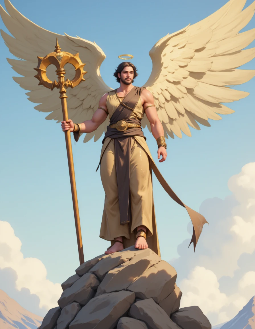 A determined angel with sturdy, earth-toned wings. She carries a mountain-shaped staff, symbolizing ambition and perseverance, while standing firmly on a rocky peak.  <lora:BStyle:1> bstyl3