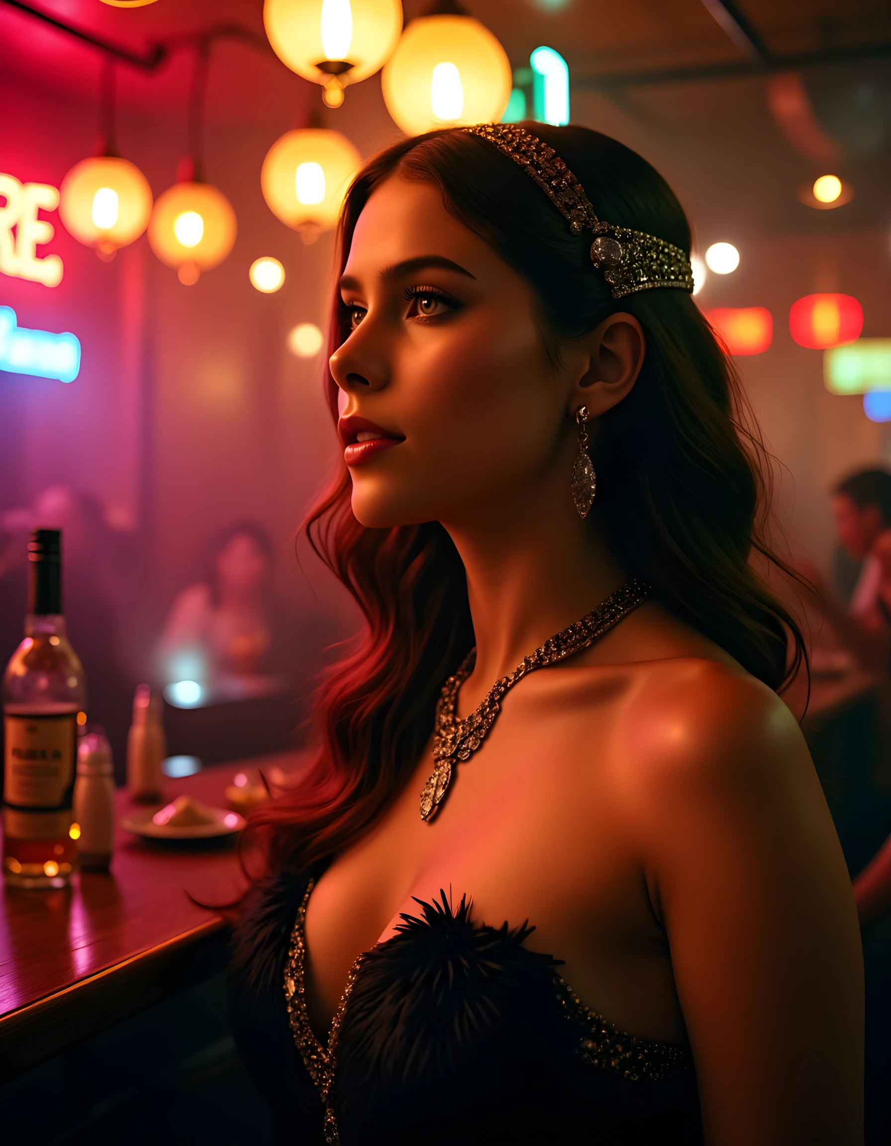 M414Z, In a surrealist noir scene, a woman with striking brown hair cascading down her back like a waterfall of rich chocolate, wears an intricately designed outfit reminiscent of a 1920s flapper, adorned with opulent jewels and feathers. Set against the backdrop of a smoky speakeasy bathed in the soft glow of neon lights, she confidently stands in profile, her lips curved into a mysterious, enchanting smile that seems to hold an untold secret. The camera captures this close-up image from a low angle, emphasizing her captivating eyes and the glint of diamonds on her necklace as they catch the dim light, creating a sense of intimacy and allure that pulls the viewer in, leaving them eager for more.