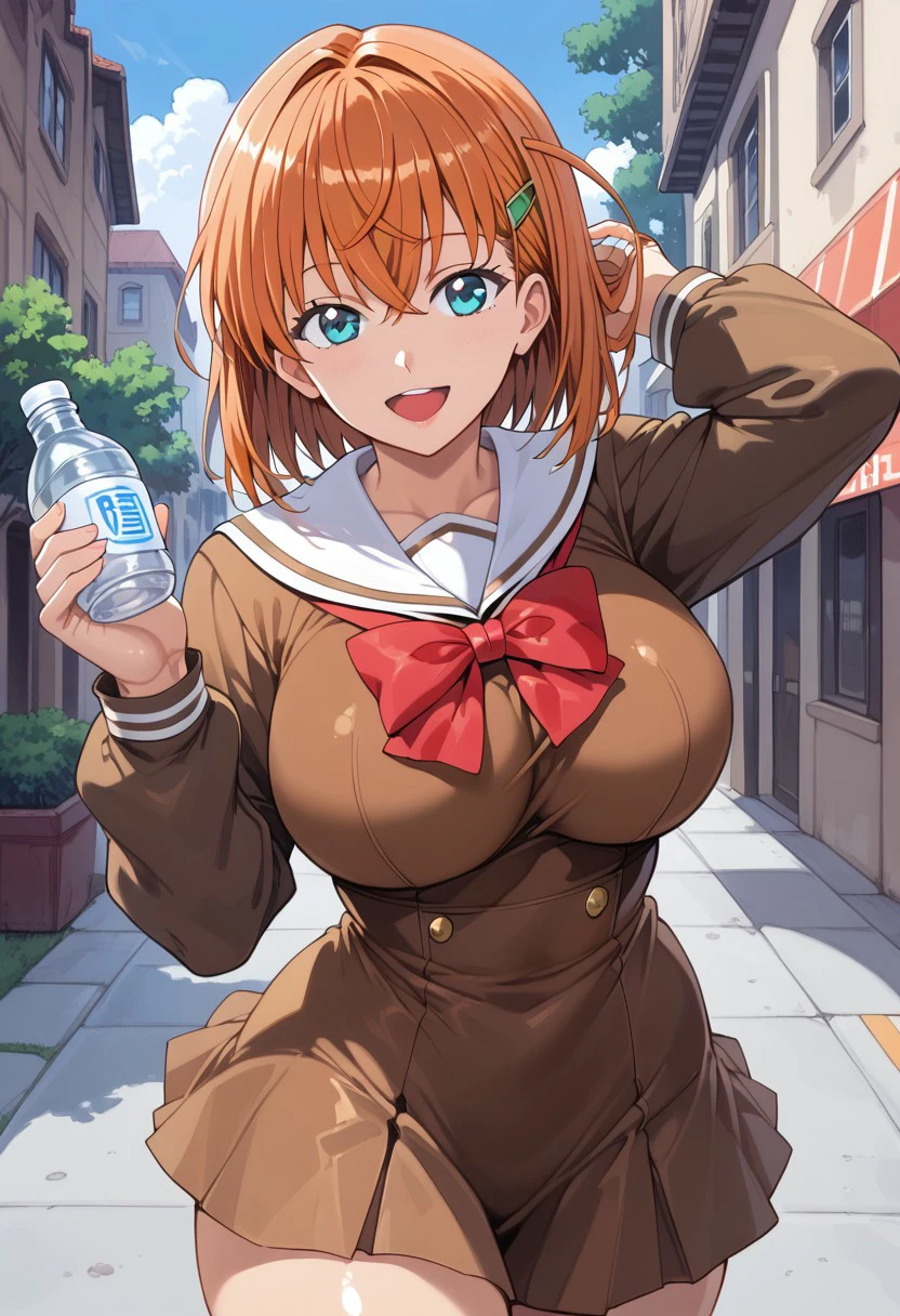 score_9, score_8_up, score_7_up, BREAK source_anime,masterpiece,,mogudan,1girl,alone,shiny_clothes,shiny_skin,five fingers,KahoHinoshita,1girl,alone,five fingers,looking at vietwer,large breast, medium hair, Orange hair,hairclip, long sleeves,aqua eyes,serafuku, brown short skirt, brown dress, white collar, red bowtie, handing bottle, happy, smile, open mouth,hand on behind hair,background street