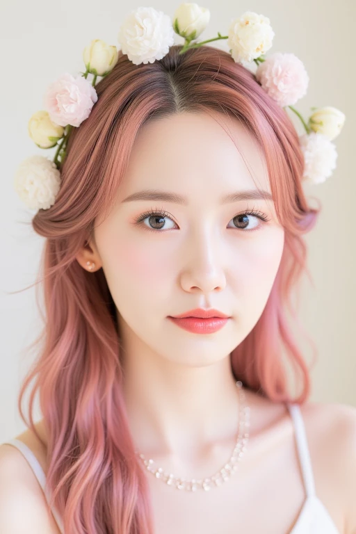 a high-resolution, softly lit photograph featuring a young Asian woman with a delicate, ethereal appearance. She has long, wavy hair in a soft pink hue, styled with bangs that frame her face. Her skin is a smooth, pale complexion, and her eyes are a striking feature, with a subtle, shimmery effect that catches the light. Her lips are painted a soft, muted pink, and she wears a delicate, beaded necklace around her neck. The background is a soft, creamy white, which helps to emphasize the subject's delicate features and the soft pastel colors of her hair and accessories. The image is rich in texture and detail, with a focus on the subject's serene and dreamy expression. The overall aesthetic is whimsical and romantic, evoking a sense of innocence and vulnerability. The photograph's soft focus and pastel colors create a dreamy, ethereal atmosphere, perfect for a fantasy or fairy tale-inspired setting. The subject's delicate features and accessories, such as the floral headpiece, add to the enchanting and otherworldly quality of the image. The style is reminiscent of high-fashion photography, with a focus on delicate, feminine beauty. <lora:Tissue_Yoona_Flux_v1.0-LowRep:1>