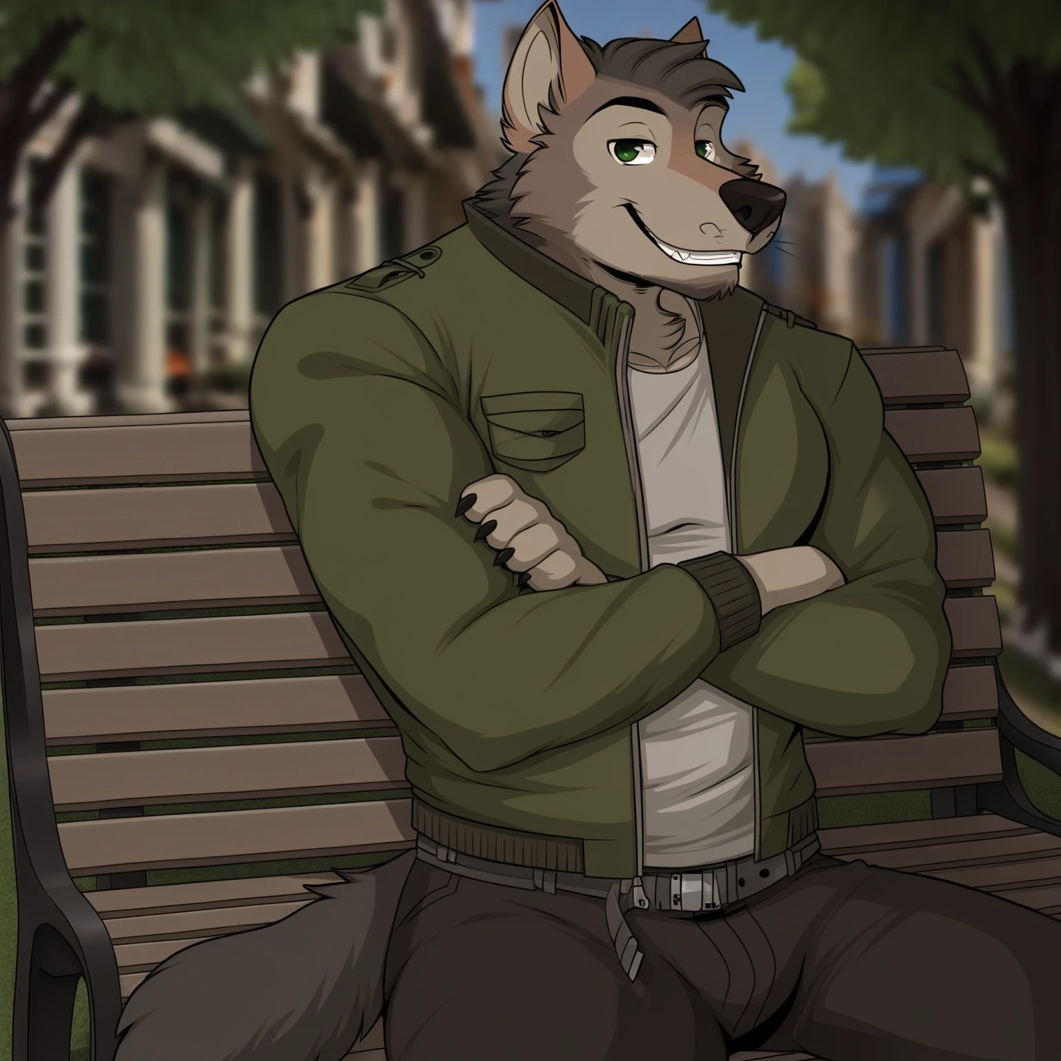 <lora:PatsyRTF:1>, patsy, male, solo, park, park bench, sitting, open jacket, shirt, pants, pose, posing, pinup, smug, crossed arms,