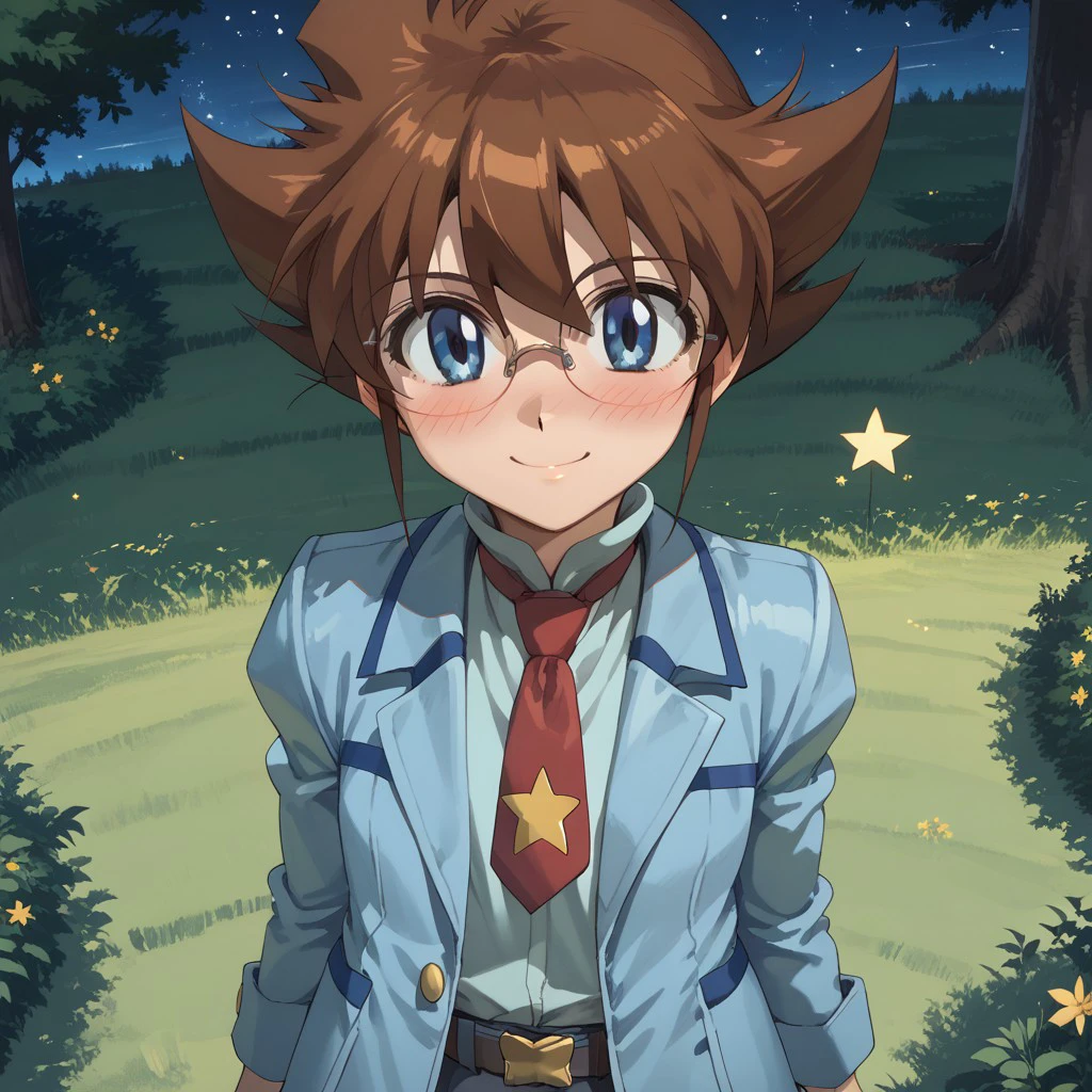 score_9, score_8, score_7, break, yuki_bb, brown hair, glasses, blue eyes, necktie, star_(symbol), jacket, belt, smile, blush, from above, tree, grass,