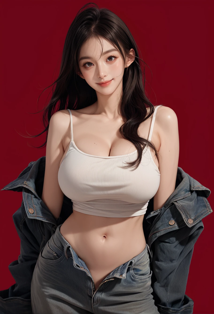 1girl,cowboy shot,red background,,ruanyi1039,denim jacket,jeans,tank top,unzipped,navel,off shoulder,<lora:1039 Home wear 43_v1_pony:1>, score_9, score_8_up, score_7_up, score_6_up, score_9, score_8_up, score_7_up, score_6_up source_anime, blush, 1girl, seduce smile, perfect body , natural huge breasts