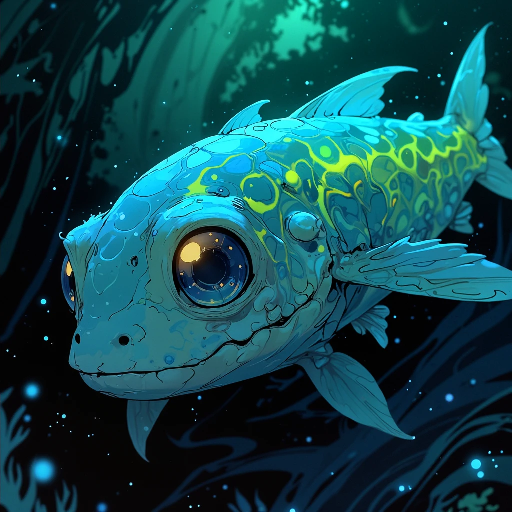 animeniji, anime, niji, 2D flat anime, NijiCreature, (off-center composition, dynamic left aligned composition), A close-up of a mystical sea creature, with bioluminescent patterns glowing softly across its translucent skin. Its large, expressive eyes reflect the beauty of the ocean, and delicate fins ripple gently. The background is a swirling blend of deep blues and greens, evoking an underwater paradise.