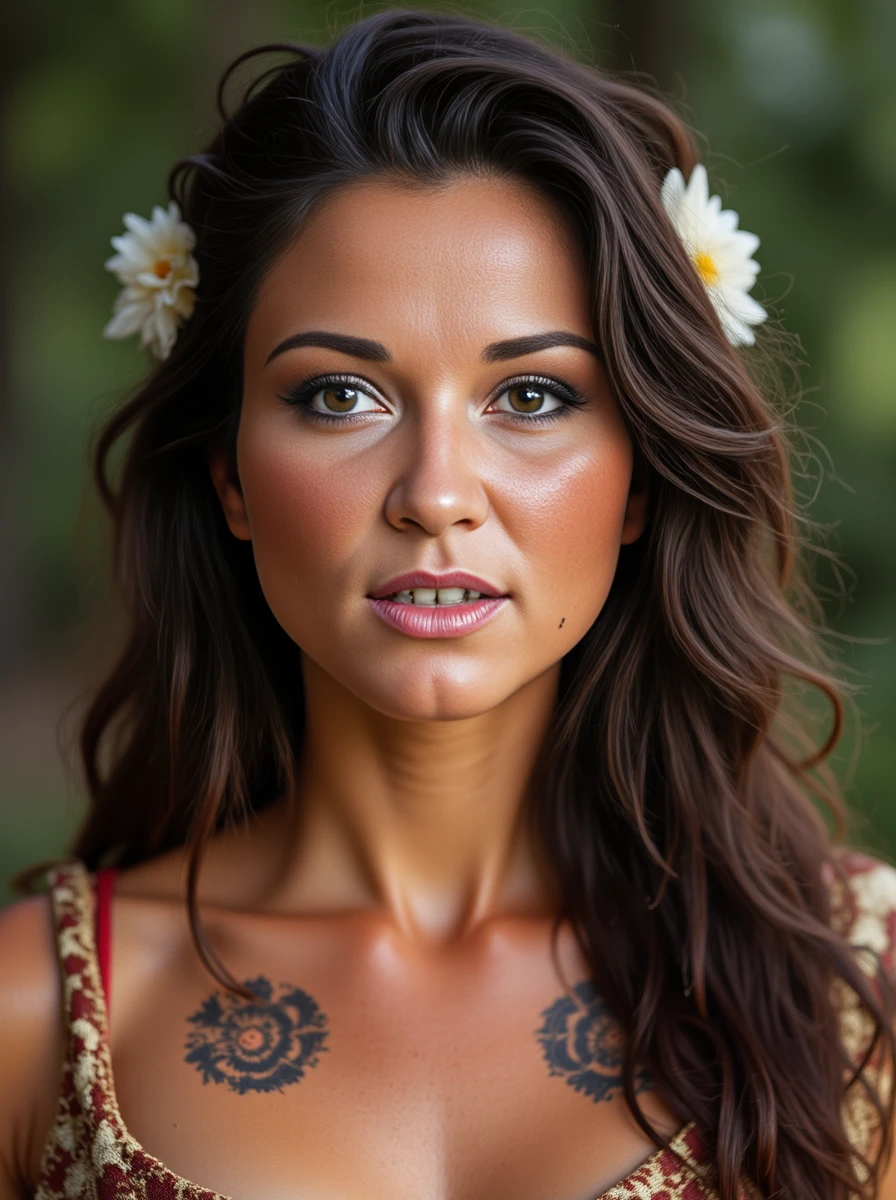 portrait photo of a cute dressed woman, wearing a Samoan chief's traditional wear with a finely woven 'ie toga (mat), a feather headpiece, and tattooed malu, representing honor and social standing. Her skin has a high detailed texture and shows details like freckles,moles, small hairs and pores. <lora:nikilora:1.2>