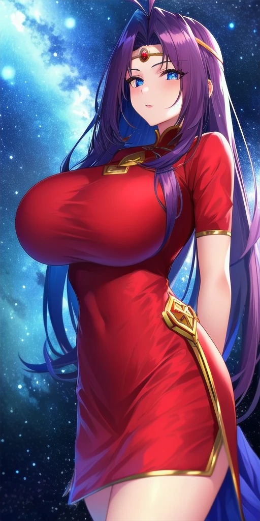 <lora:NagaV4:0.7> gracia_ul_naga_saillune, huge_breasts, standing, solo, arms_behind_back, circlet, starry_sky,  red_dress, masterpiece, best_quality, detailed_face, detailed_eyes, highres, beautiful, detailed, absurdres,