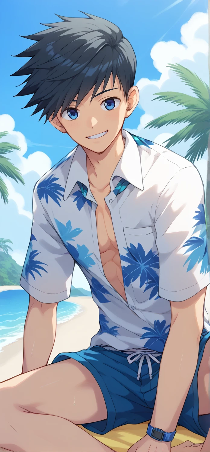 1boy,solo,male focus,beach,shirt,collared shirt,pattern shirt,shorts,smile,tropical tree,natsumihamasaki,blue eyes,black hair,short hair
