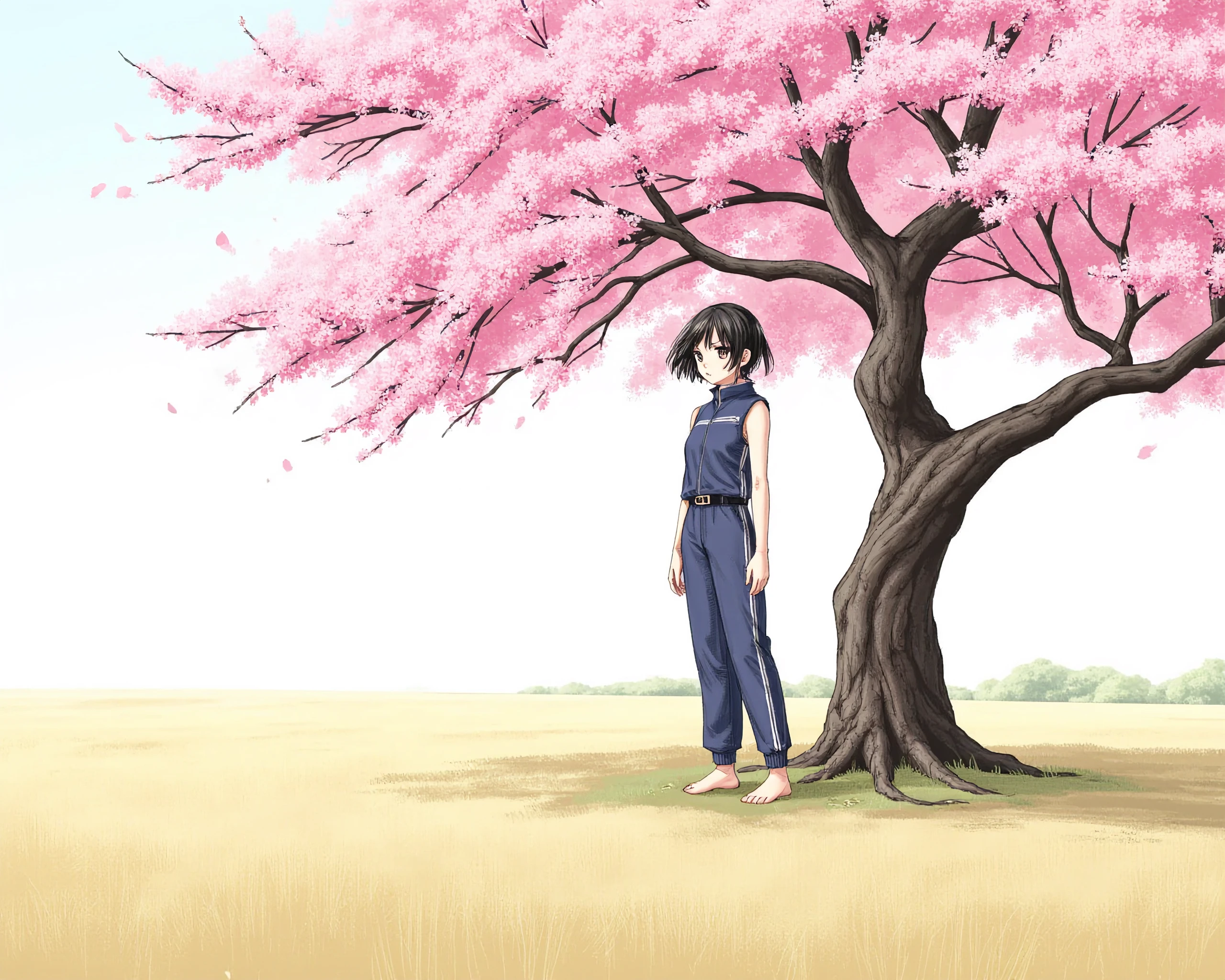 An anime drawing of a yound black-haired girl Ely Otta standing by an old sakura tree in a field. She wears a sport suit with trousers with bare heels and without sleeves. The sakura's leaves are spreaded by the wind and Ely feels tranquilized and safe.