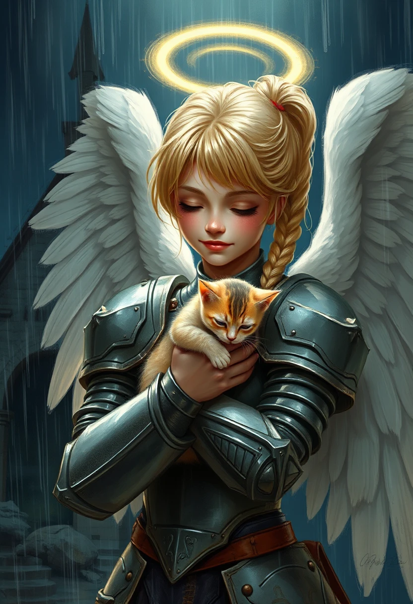 impressionist digital painting, blonde female angel with her large wings shielding her own body lovingly holding a kitten in her arms close to her cheek protecting it from the rain, wearing knights armor she has a braided ponytail with bangs and her eyes are closed with a small smile, a glowing halo above her head, realistic downpouring rain, backdrop of a collapsed chapel at night, her hair is wet and rain droplets can be seen on her armor