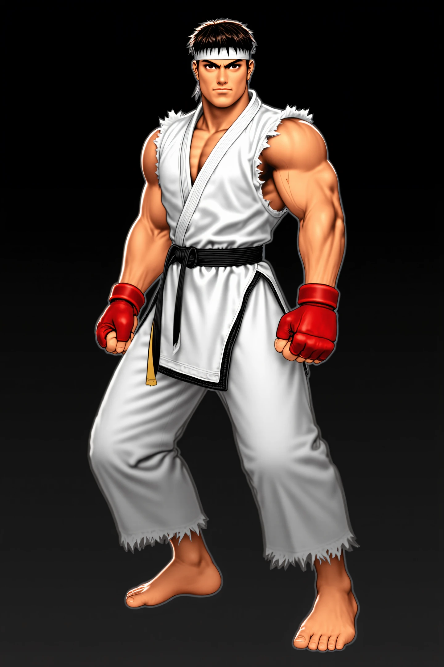 ryu \(street fighter\),1boy,male focus,solo,white dougi,black hair,muscular,white headband,barefoot,full body,muscular male,thick eyebrows,short hair,red fingerless gloves,
<lora:shinkiro_FLUX:1>,