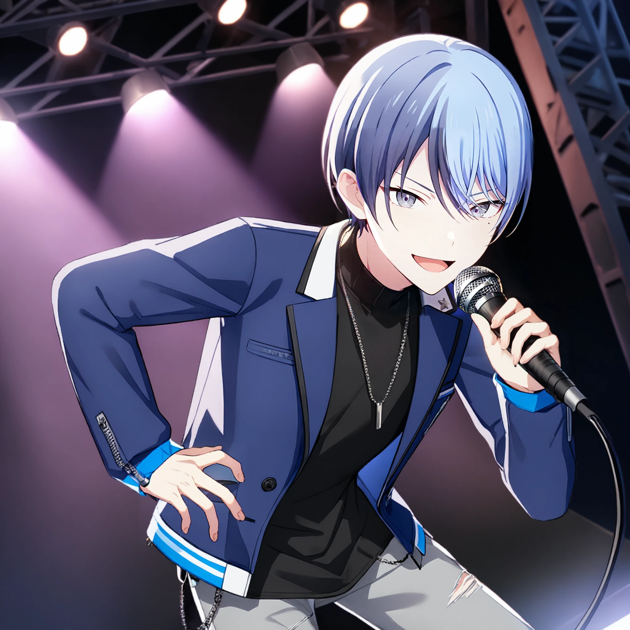 1boy, aoyagi toya, project sekai, masterpiece, very aesthetic, absurdres,
brandnew toya, two-tone hair, blue hair, silver hair, silver small eyes, mole under eye, cowboy shot, spread legs, leaning forward,
(looking at viewer:1.4), smiling, open mouth, singing a song, holding microphone, BREAK
jacket, blue jacket, pants, necklace, open clothes, open jacket, long sleeves, shirt, turtleneck, black shirt, black sweater, turtleneck sweater, white pants, buttons,
dark, dark atmosphere,  stage, stage light, neon light, night,
<lora:sdxl-vbs-BNSTy05:0.9:lbw=0,0,0.2,0.2,0,0.4,0.4,0,0.8,0.8,0,0,0,0.8,0.8,0.6,0.8,0.0,0.0,0.0,0,0,0,0,0,0>