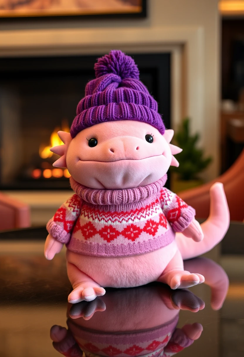The image is a high-resolution photograph of a plush toy in a hotel lobby table with a fireplace in the background, specifically a stuffed animal designed to resemble an axolotl wearing a a purple beanie with pompom and a knitted sweater with red and white designs. The plush toy has a round, plump body covered in a soft, velvety pink fabric, which gives it a plush and cuddly texture and 6 frilly gills