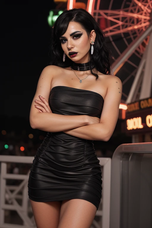 comic book style <lora:dsruched-14:0.7> dsruched, black mini dress, straight neckline, strapless, 1girl, goth, messy black hair, brown eyes, black lipstick, eyeliner, stud earring, small breasts, arms crossed, annoyed, carnival, night time, bright lights, ferris wheel