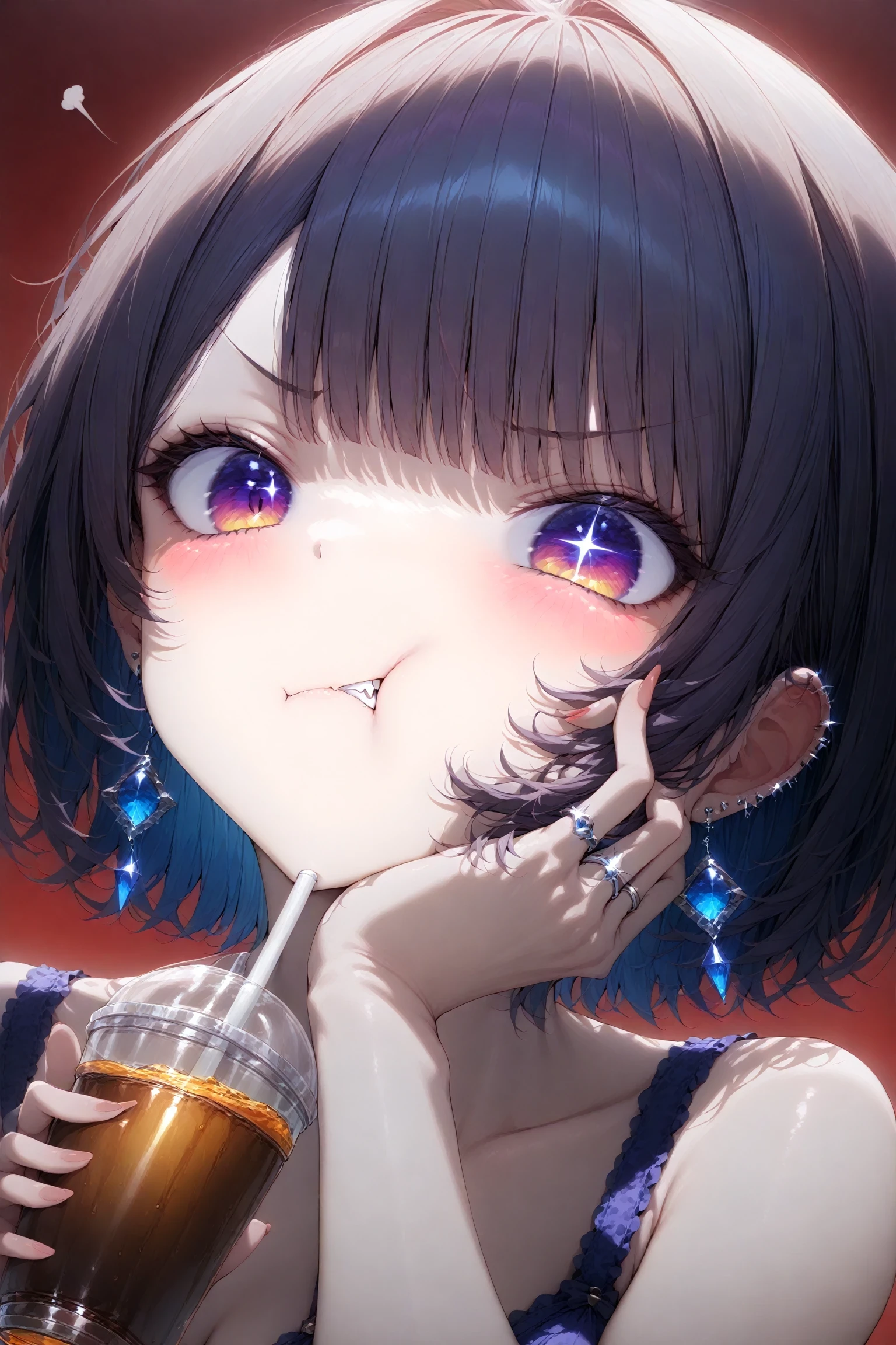 1girl, solo, close-up, dynamic angle, drink, earrings, fang, hand on own cheek, hand on own face, jewelry, looking at viewer, pout, red background, ring, short hair, teeth, masterpiece, best quality