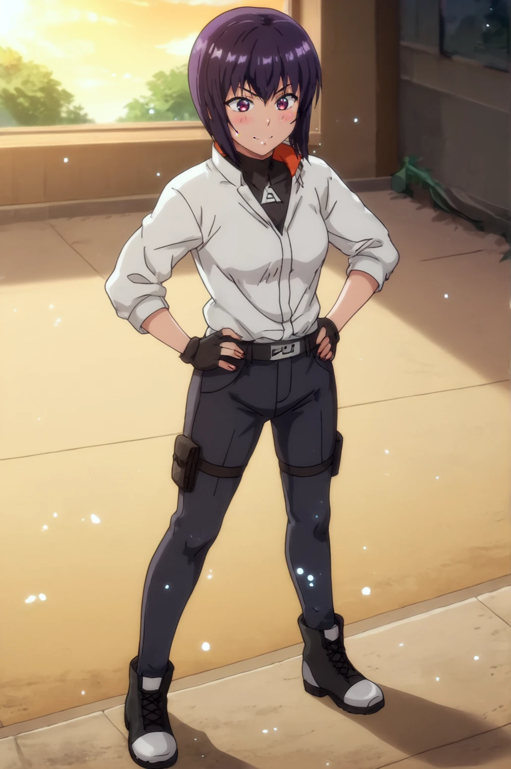 score_9, score_8_up, score_7_up,anime_source, source_anime, best background, detailed background, anime screencap, Matoko Kusanagi SAC 2045, Main Outfit, indoors, blush, dynamic angle, dynamic pose, hands on hips, outdoors, sun, soft particles, full body, soft smile, <lora:JN_Matoko_Kusanagi_SAC_2045:0.8> <lora:JN_Saimin_Seishidou_ArtStyle:0.8>