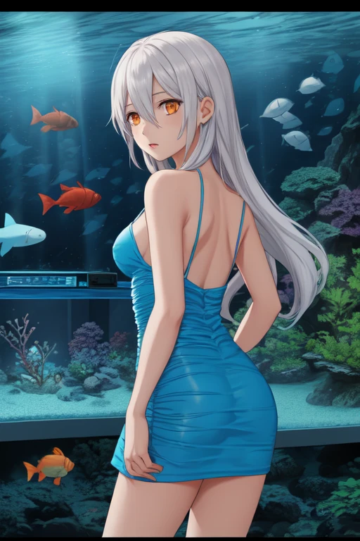 comic book style <lora:dsruched-14:0.7> dsruched, blue mini dress, spaghetti straps, 1girl, long hair, white hair, orange eyes, hair between eyes, medium breasts, aquarium, silhouette, fish tank, sharks, from behind