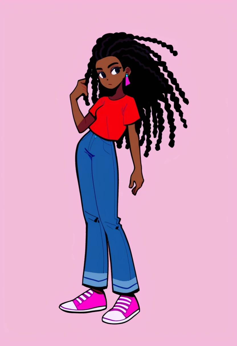 sol_tdm, 1girl, long hair, shirt, black hair, jewelry, braid, earrings, pants, dark skin, black eyes, dark-skinned female, red shirt, t-shirt, jeans, blue pants, very dark skin, dreadlocks, full body, blue shorts, pink shoes,