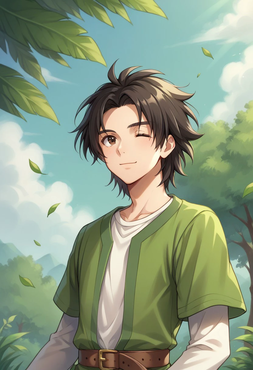 score_9, score_8_up, score_7_up, source_anime, highly detailed, 
herodq, 1boy, male focus, solo, black hair, brown eyes, shirt, white shirt, tunic, green tunic, layered sleeves, short over long sleeves, belt, upper body, one eye closed, wind, hair moved by wind,
outdoor, wood,  sky,