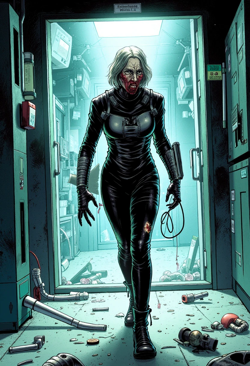 Inside a high-tech laboratory, an infected figure stumbles among shattered glass and broken machinery. Their futuristic clothing is torn, with metallic implants exposed and wires sparking. Styled in a graphic novel fashion, with exaggerated ink strokes and deep shadows, their face is half-covered by a cracked visor, and tubes once attached to their arms dangle loosely, dripping strange, glowing fluids.