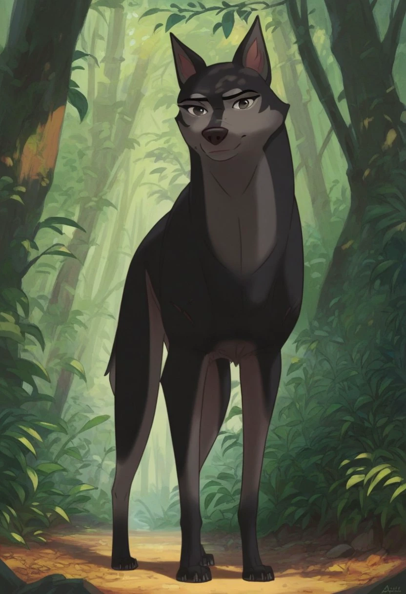 score_9_up, score_8_up, score_7_up, score_6_up, bami_underdog, female, feral, dog, black eyes, looking at viewer, closed mouth, smile, standing in a forest, full body, four legs, (painted art)