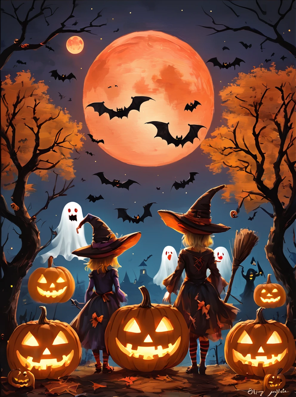 ,shengdanjie,multiple girls,jack-o'-lantern,witch hat,hat,halloween,broom,moon,red moon,tree,blonde hair,pumpkin,bat \(animal\),back view,ghost,<lora:Halloween-wwm:0.7>