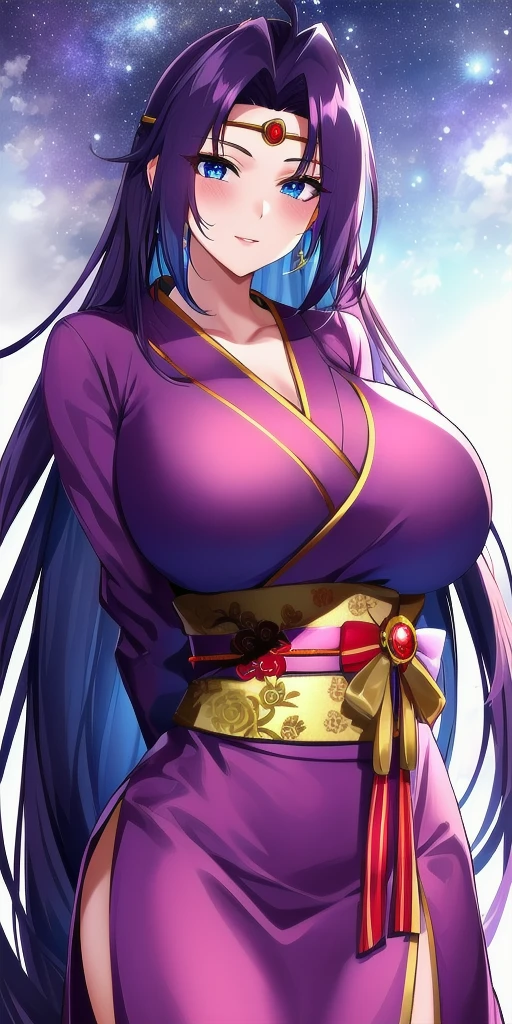 <lora:NagaV2:0.7> gracia_ul_naga_saillune, huge_breasts, standing, solo, arms_behind_back, circlet, starry_sky,  kimono, masterpiece, best_quality, detailed_face, detailed_eyes, highres, beautiful, detailed, absurdres,