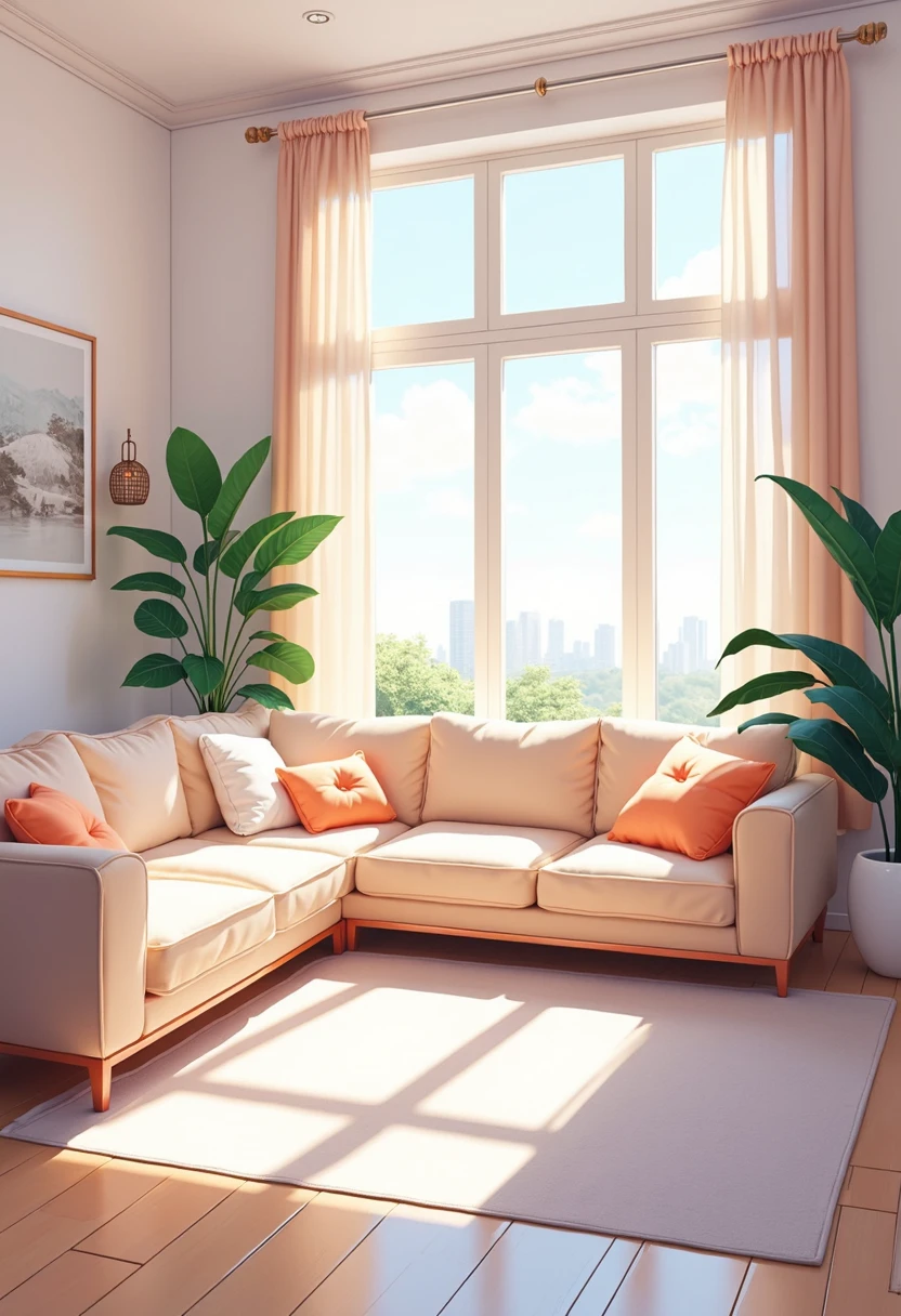 Illustration of a sunlit living room, highly detailed, cosy and modern, soft colors, dreamy aesthetic