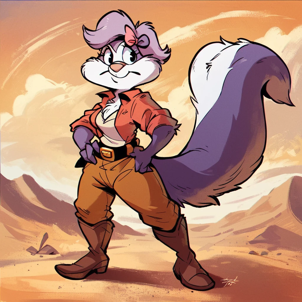 Fifi la fume as a cowboy in the desert, solo, female, cowboy, cowboy boots, cowboy outfit, cowgirl outfit, <lora:FifilafumeTMS_Version1.0:1.00> fluffy tail,, score_9, score_8_up, score_7_up, score_6_up, source_furry,
detailed background,