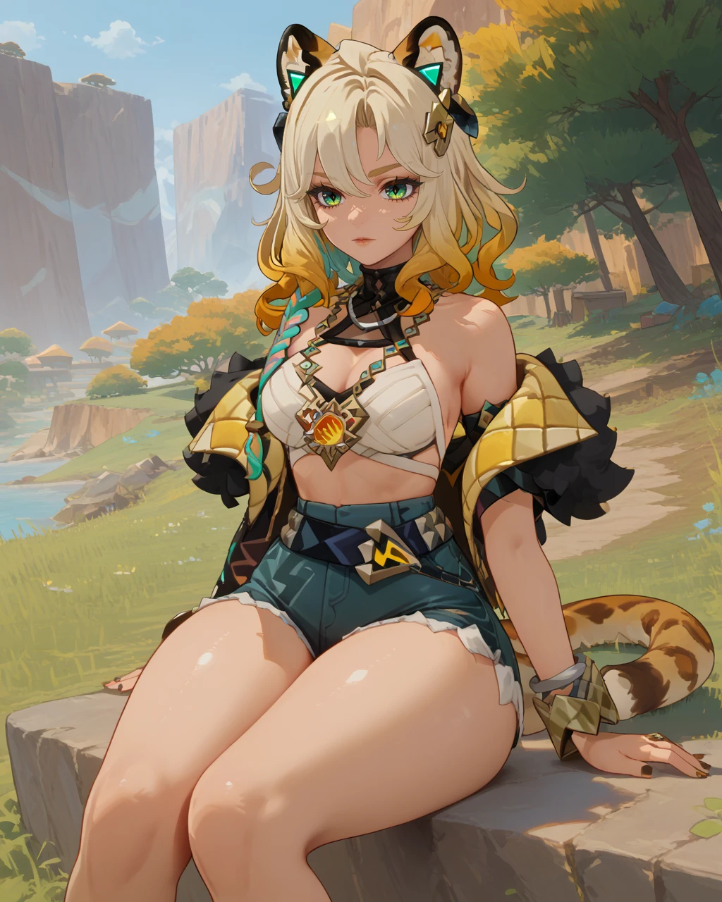 score_9, score_8_up, score_7_up, source_anime, outdoors, 1girl, sitting, thick thighs, breasts, xilonen, 1girl, multicolored hair, blonde hair, green eyes, braid, animal ears, tail, <lora:Xilonen:0.8>
