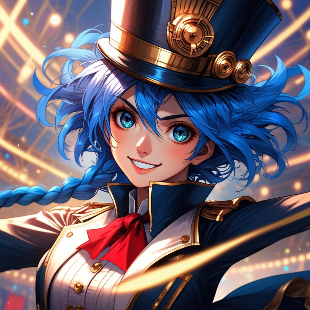 1 mature woman, {{{long blue hair}}}, {{{purple eyes}}}, blue and black suit with a top hat, playful smile, reaching out to viewer playfully, circus arena stage, dim lighting, {best quality.}, {highreaasterpiece.}, {{{medium close up.}}}, {facing viewer}