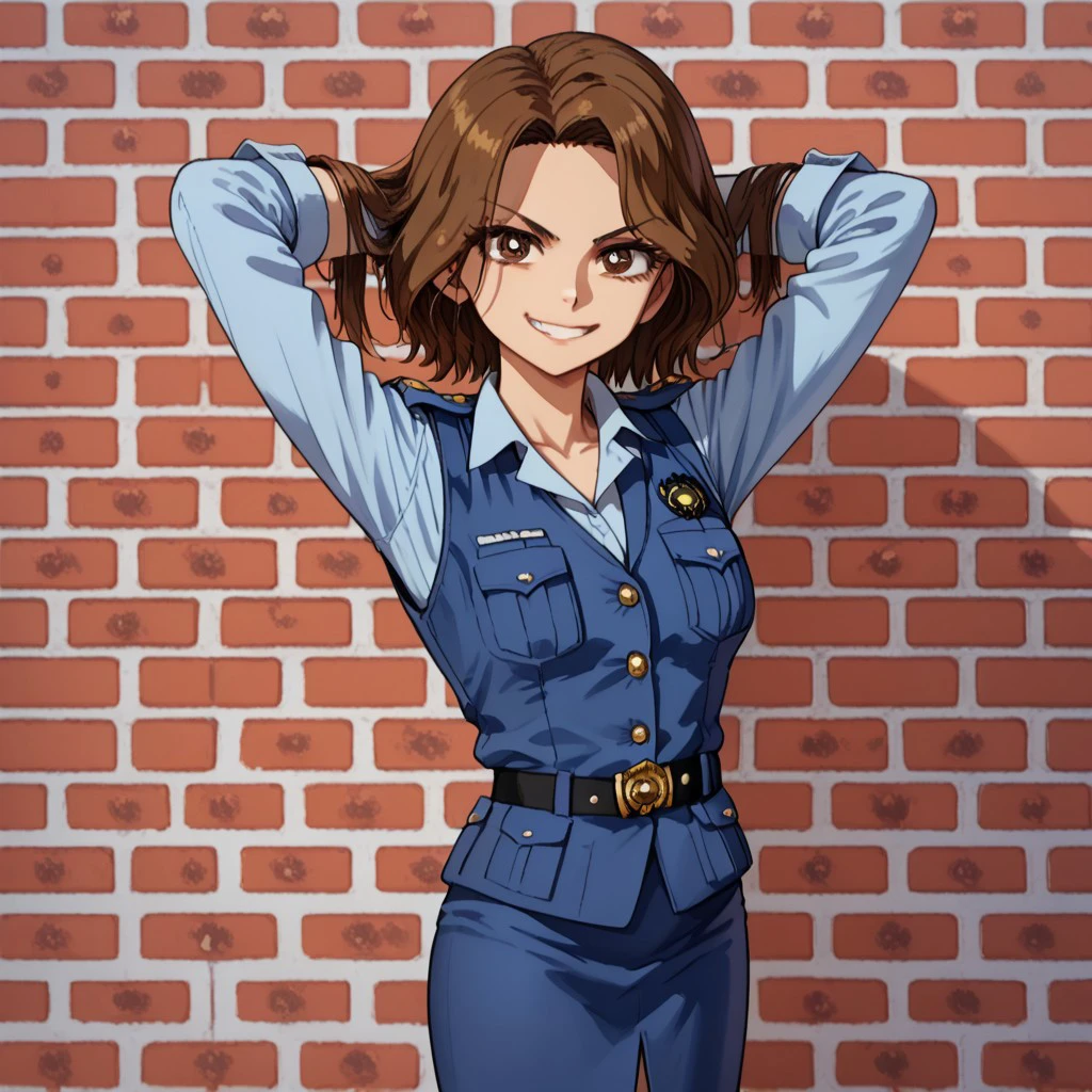 score_9, score_8, score_7, break, solo, kiyoka_k, brown hair, brown eyes, police uniform, pencil skirt, hands behind head, looking at viewer, smirk, brick wall