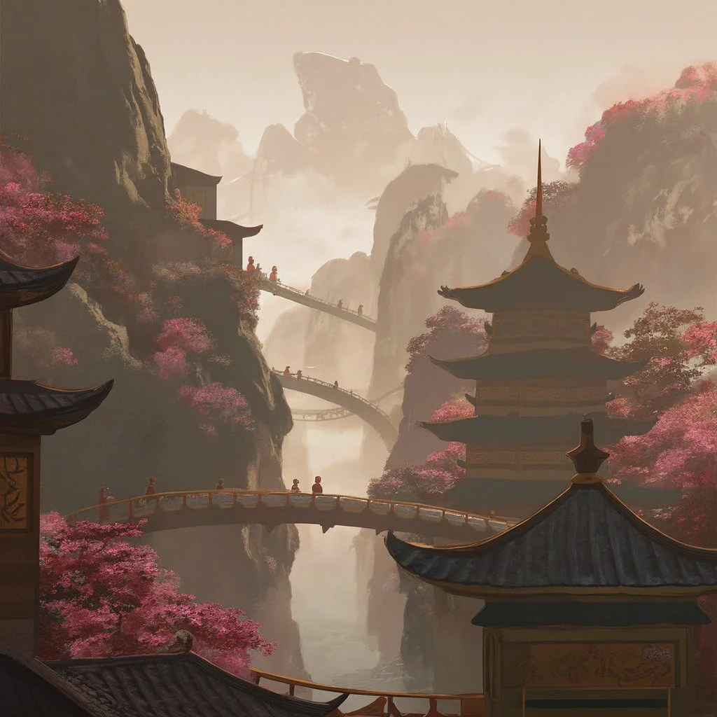 A breathtaking fantasy landscape inspired by ancient Asian architecture, set against towering cliffs and misty mountains. The scene features tall, elegant pagodas with intricate roofs, connected by bridges, adorned with vibrant cherry blossom trees in full bloom. Soft sunlight filters through the mist, illuminating the serene environment. The atmosphere is calm and otherworldly, with a harmonious blend of nature and architecture, huge view, extra detailed, set under a soft, pastel sky atmospheric style of devinellekurtz, <lora:devinellekurtz-style-v3:1.2>