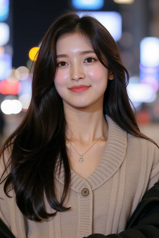 (medium full shot), thighs, beautiful korean woman with natural makeup, natural lips, wavy hair, wearing cardigan, city at night background, natural lighting, dslr, soft lighting, high quality, film grain, light reflections, blood vessels, pale skin, skin pores, blood vessels in sclera, detailed skin, skin fuzz, smile, bokeh, (no watermark), <lora:Tissue_Arin_Flux_v1.1-LowRep:1>