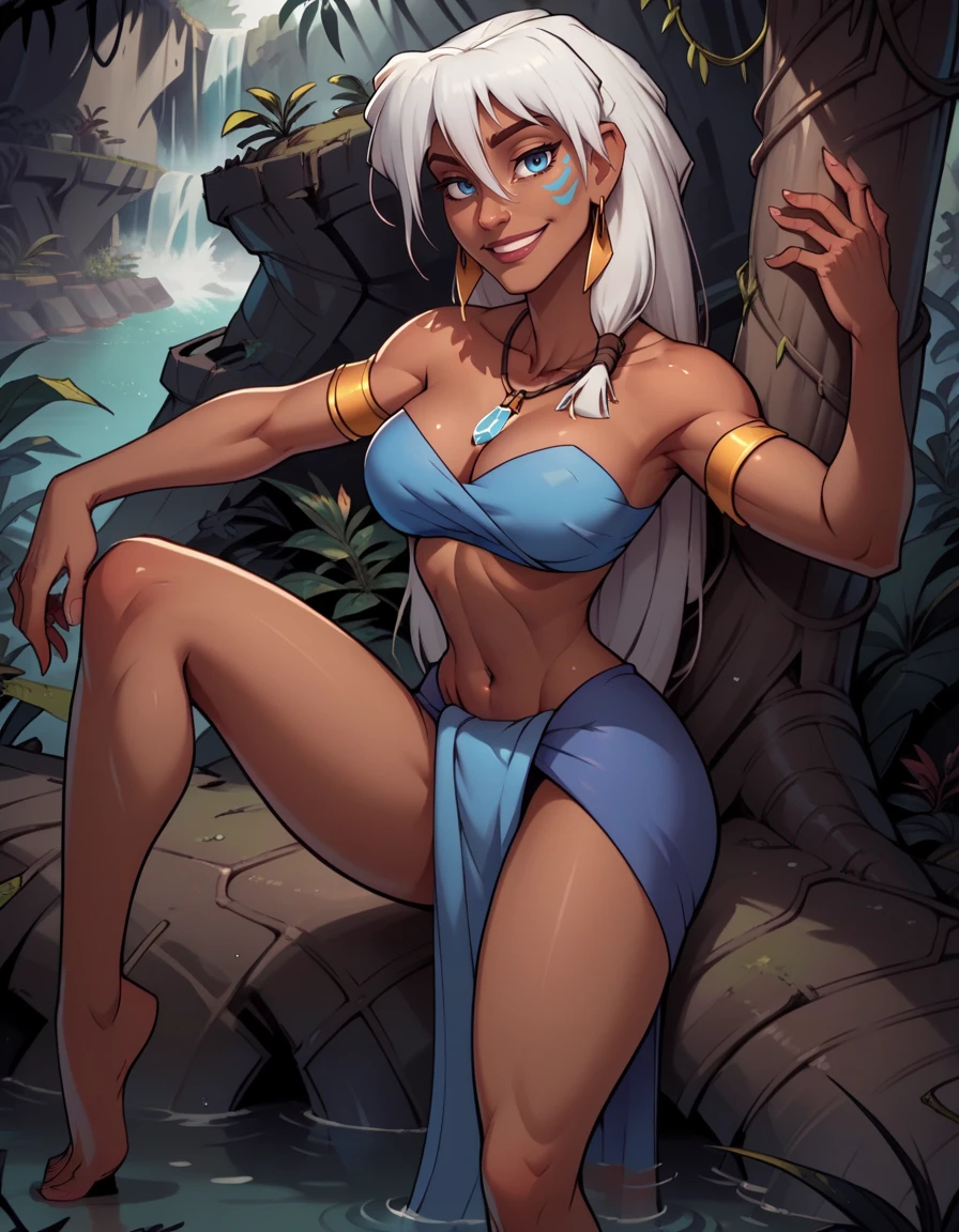 score_9, score_8_up, score_7_up,score_6_up, score_5_up, score_4_up ,
1girl, solo,
large breasts,
keetadg,
long hair, white hair, blue eyes, dark-skinned female,
smirk, 
 ruins,  jungle, vines, waterfall, cliff,
looking at viewer, 
against tree,
barefoot,
loincloth, necklace, earrings, 
 <lora:Keeta DG v01A:0.90>