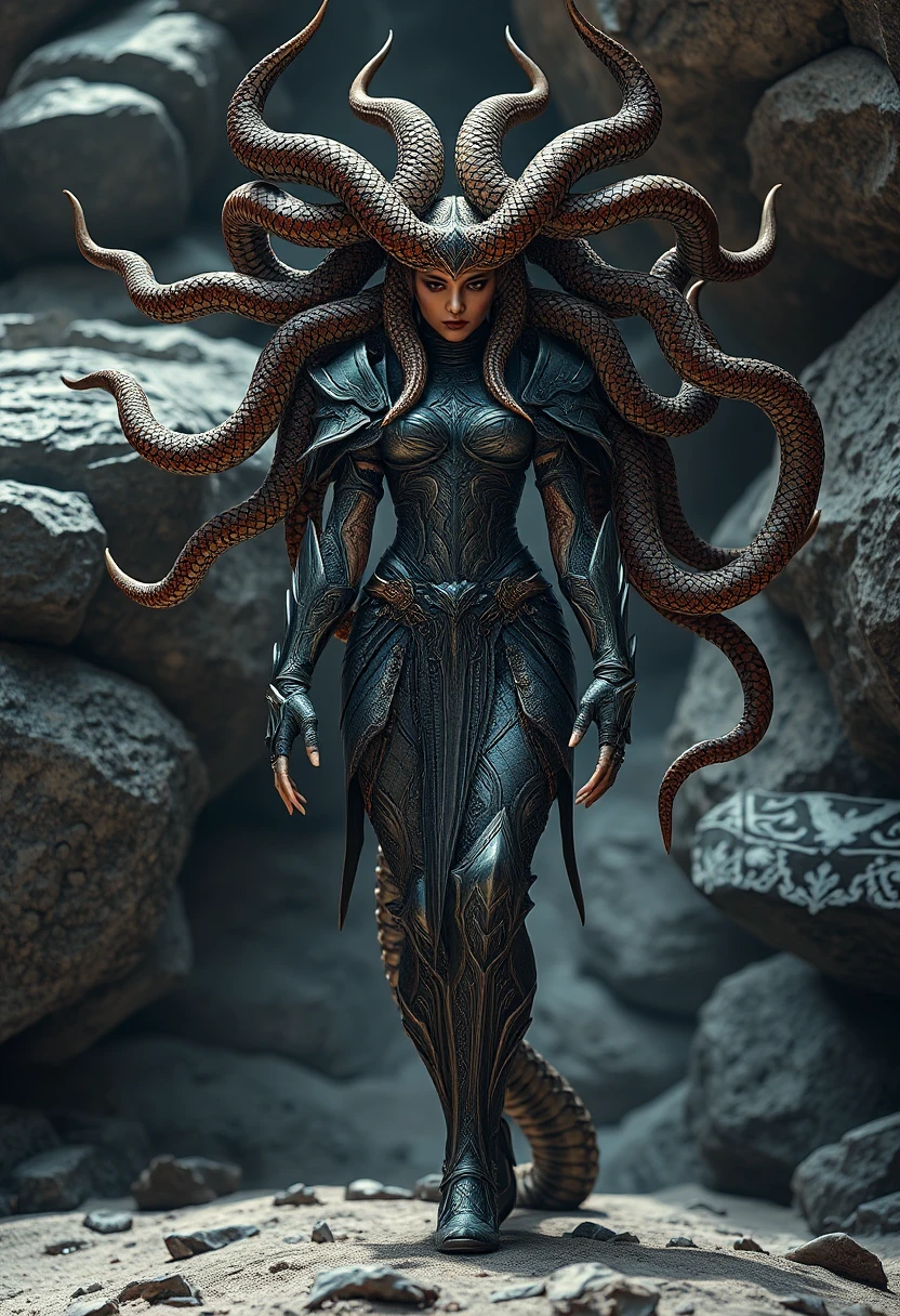 photoréalistic highly detailed high-resolution photo "Wormâs-eye view" shot featuring a((full body-shot))of a beautyful of Lady Vashj a gorgone: a woman, with snakes as hair , the body af a human woman , and a snake tail as legs. She wears a full body armor