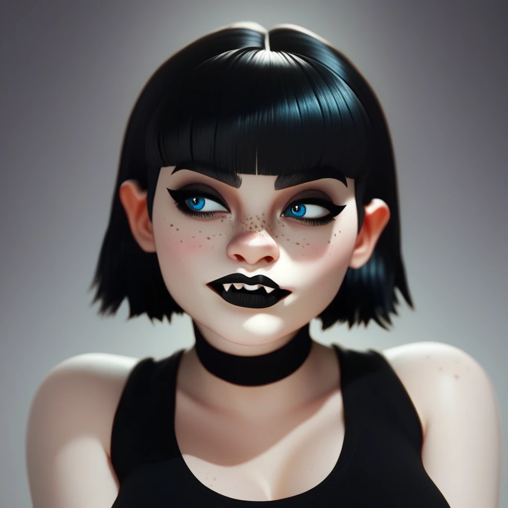 core_9, score_8_up, score_7_up, Mavis pale skin, freckles big beautiful blue eyes and short jet black hair with v-fringe hair  cut bangs. black lipstick black eye shadow small fangs big breasts  flirting