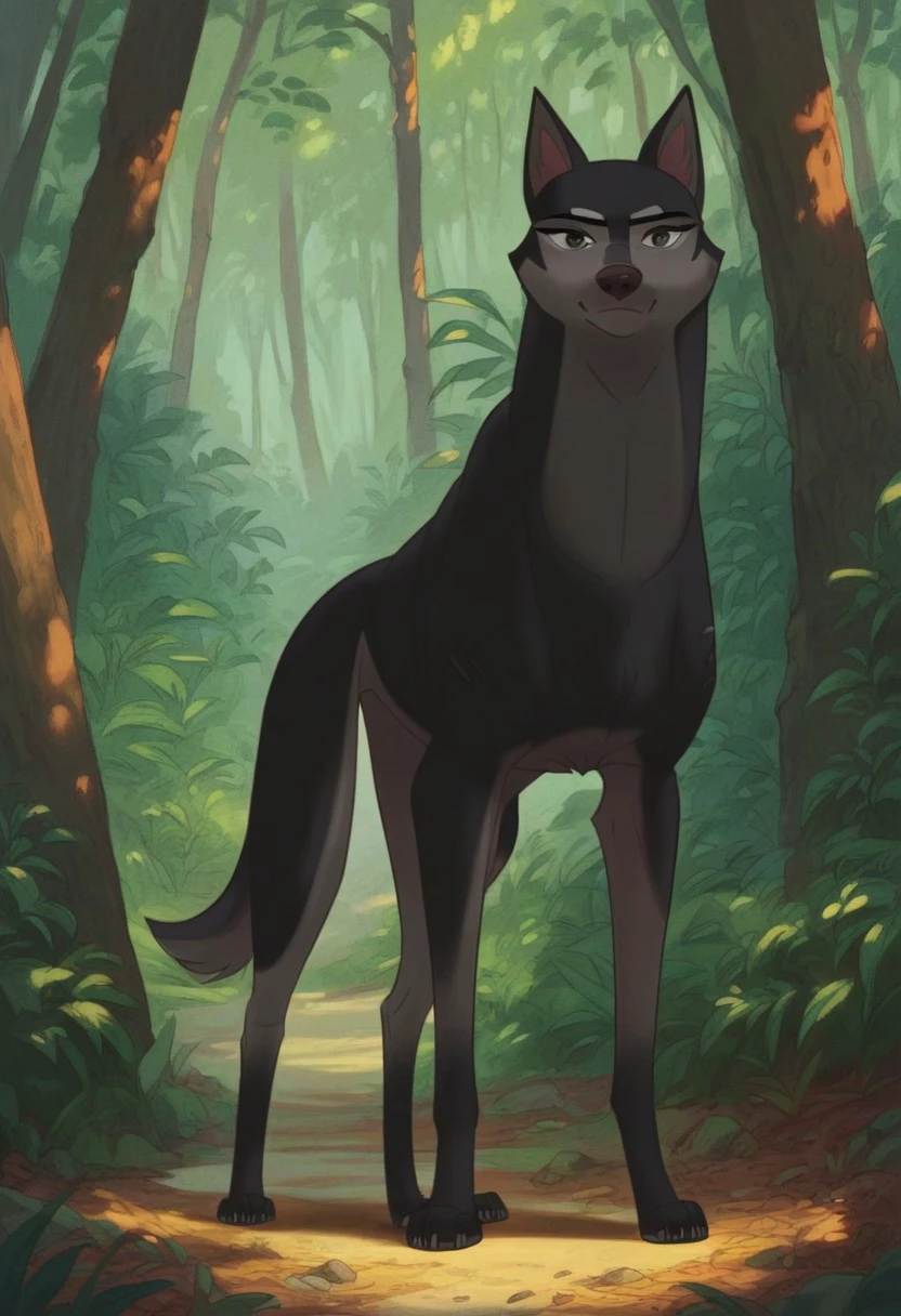 score_9_up, score_8_up, score_7_up, score_6_up, bami_underdog, female, feral, dog, black eyes, looking at viewer, closed mouth, smile, standing in a forest, full body, four legs, (painted art)