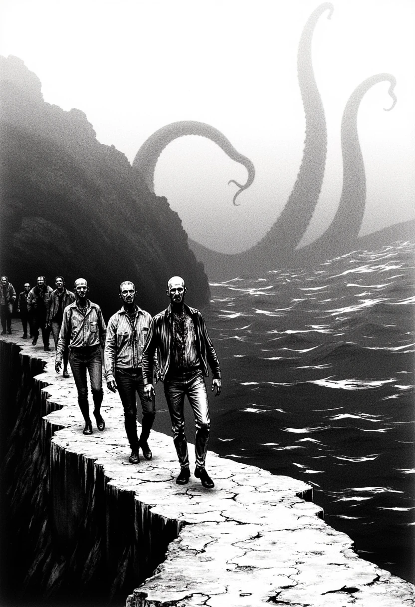 At the edge of a desolate cliff overlooking a dark, swirling ocean, a group of infected wander aimlessly, their faces contorted with fear as they gaze into the abyss. Inked in thick, angular lines, the infected appear almost skeletal, with shadows playing across their gaunt features. In the background, massive, otherworldly tentacles rise from the water, barely visible through the heavy fog.