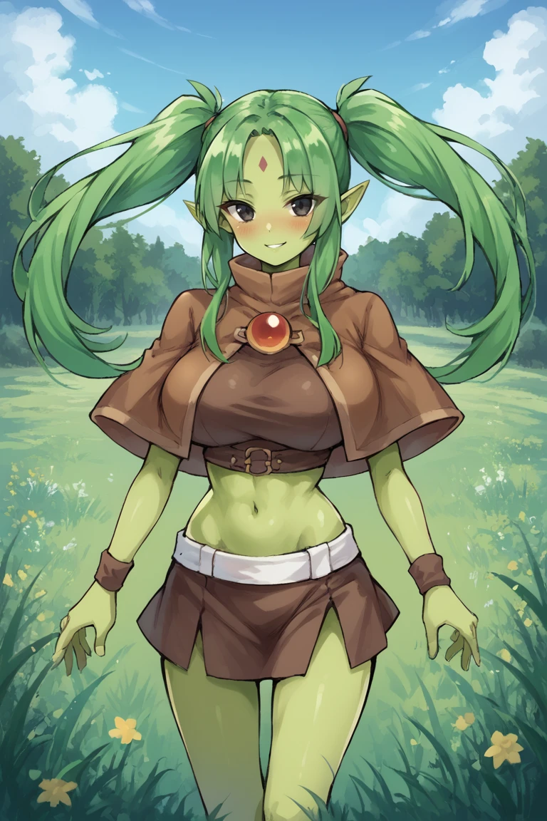 score_9, score_8_up, score_7_up, source anime, <lora:backgroundsetXL:0.3> , exterior, outdoors, plains, grass,  foliage, BREAK, solo, <lora:RuneElf:0.75>, 3lfdef, 1girl, green hair, twintails, sidelocks, colored skin, green skin, pointy ears, black eyes, forehead mark, popped collar, capelet, brown capelet, skirt, brown skirt, midriff, wristband, brown wristband, white belt, looking at viewer, large breasts, adult female, smile, blush, navel, long hair, cowboy shot,   <lora:b3yum1XLP:1> , b3yum1,