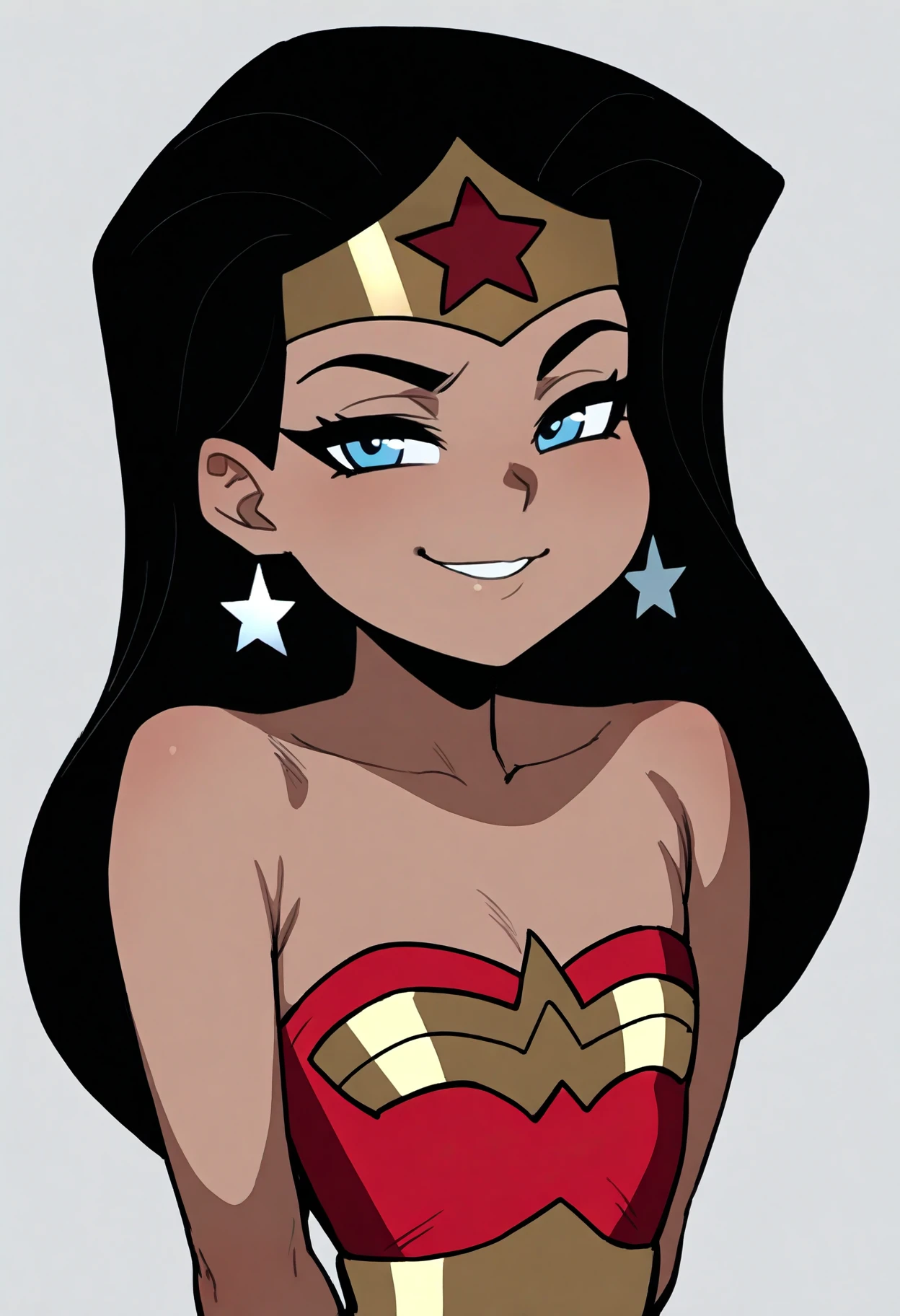 best quality, amazing quality, very aesthetic, absurdres,
1girl, wonderwoman, black hair, long hair, blue eyes, dark skin, bare shoulders, earrings, flat chest, jewelry, leotard,
tiara, smug,
hands behind back, smile, upper body, looking at viewer, solo, simple background, white background   <lora:WonderWomanKidsIllustriousXL_byKonan:1>